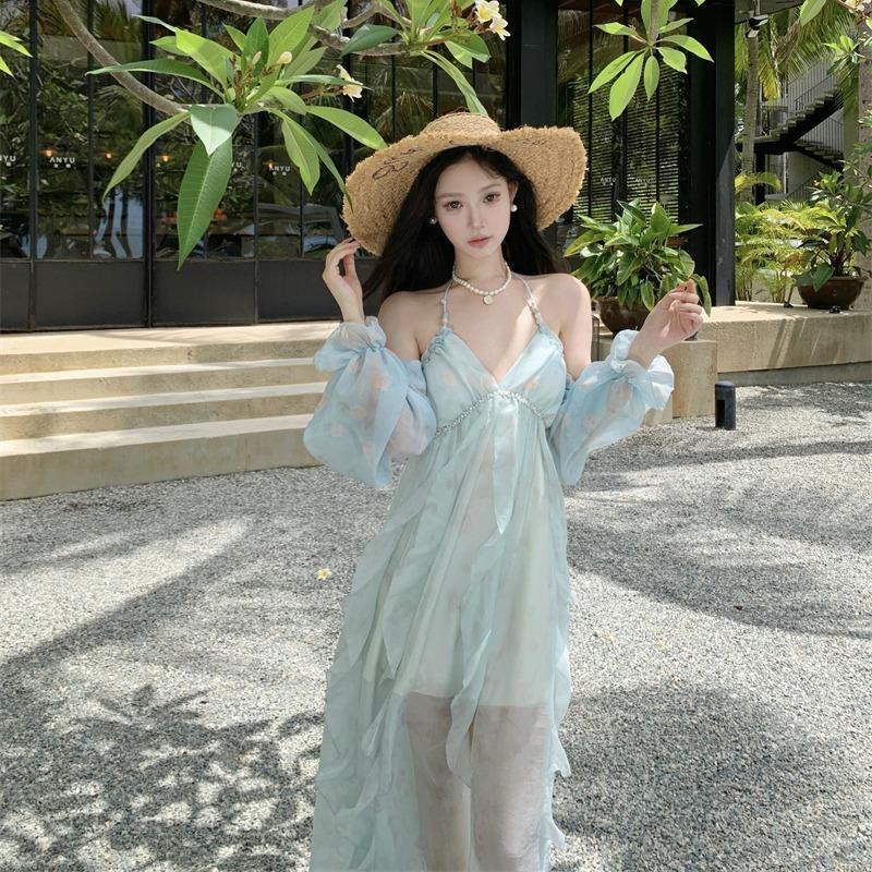 Seaside Vacation Smudged Neck Dress Female Backless Design Sense Yunnan Travel Wear Fairy Long Dress Zixia