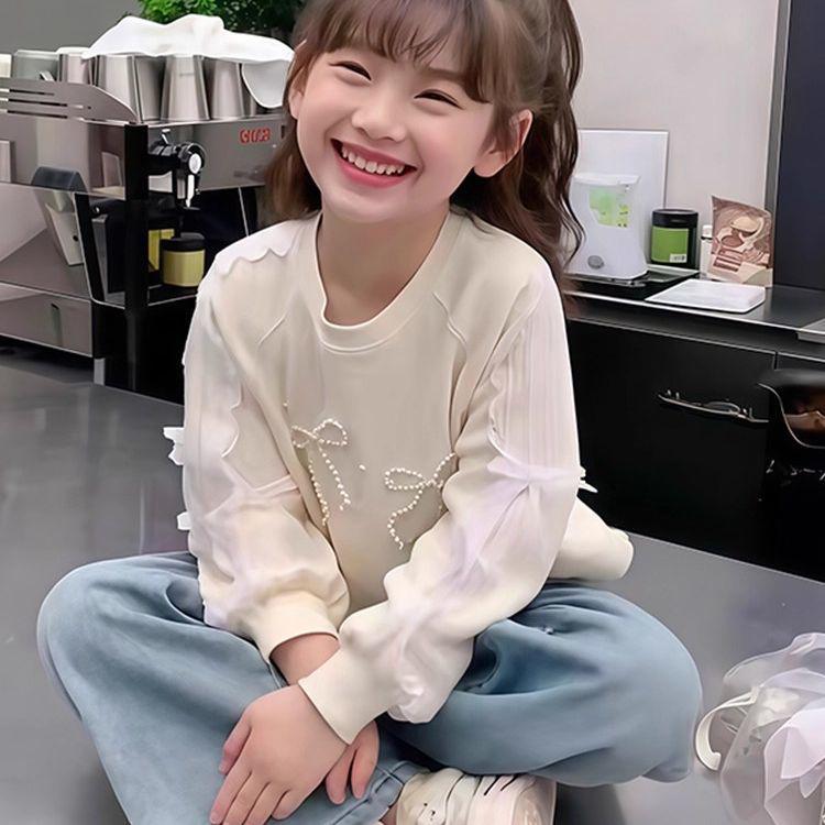 Girls' Versatile Long Sleeve Round Neck Sweatshirt with Bow Knot for Spring and Autumn