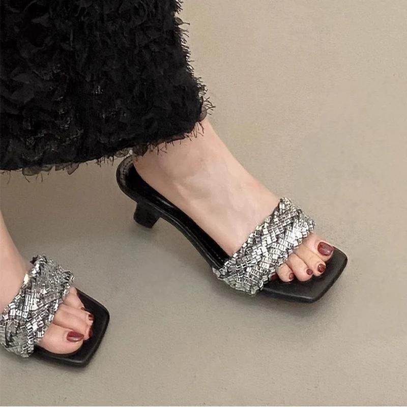 Fashion Women Slippers Fashion Luxury Sandals Dress Elegant Woman Heeled Shoes 2025 Summer Sexy Dress Slides Flip Flops Mujer Zapatos