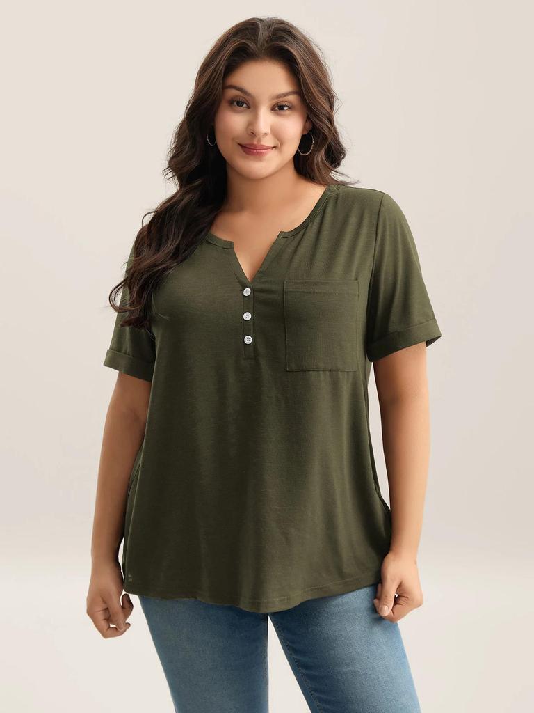 Großformat Damen V-Ausschnitt Knopf Kurzarm Einfarbig Lässig T-Shirt