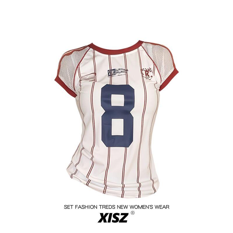 American Retro Contrasting Color Digital Printed Jersey T-Shirt for Women, Summer Sexy Style, Cool Mesh Stripesd Short-Sleeved Top