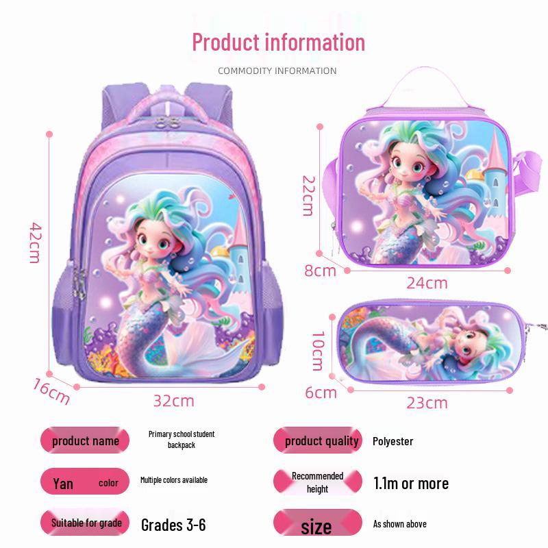Cute Cartoon Double-Shoulder Backpack with Two-Wheel and Six-Wheel Options, 3-Piece Set for Primary School Students