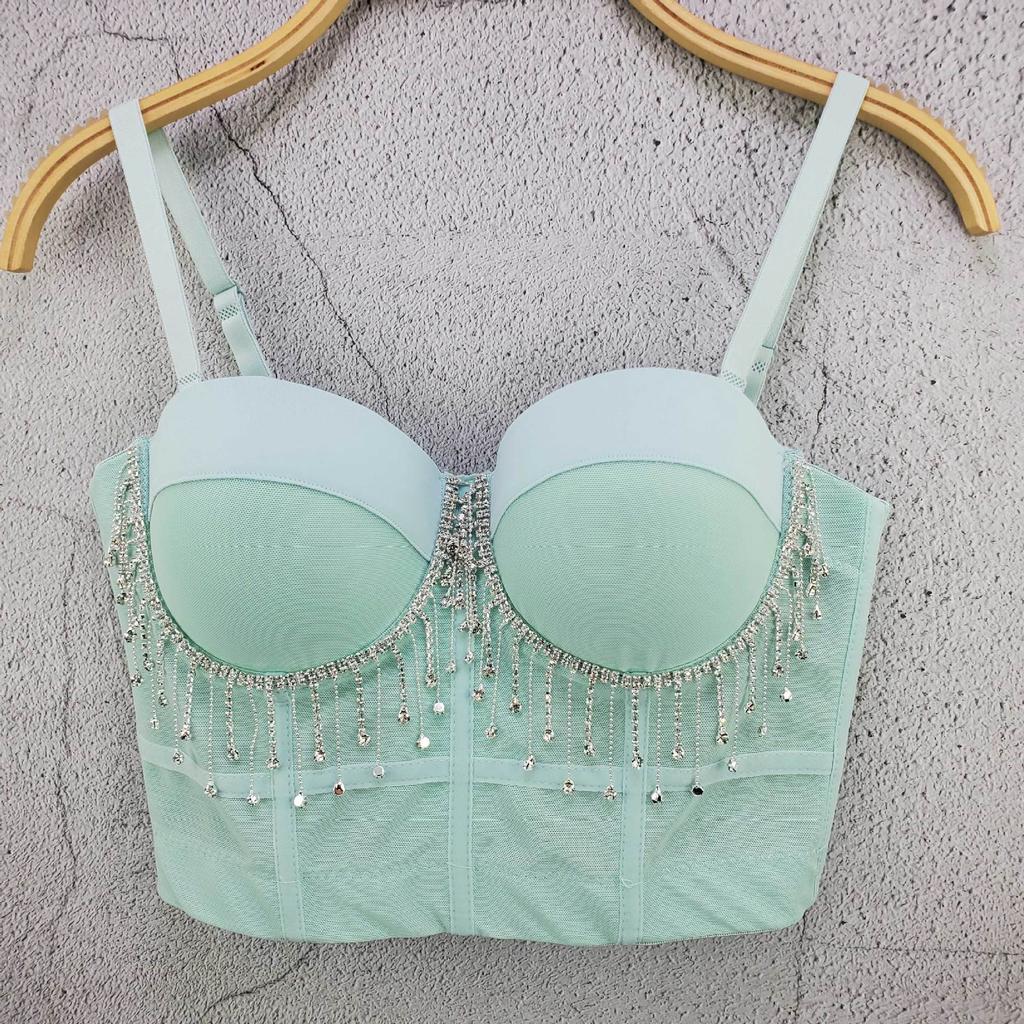 Beaded Diamond-embellished Mesh Fringe Mini Tank Top Cute and Sexy Slim-fitting Outerwear Strapless Top for Women Camis & Tank Tops