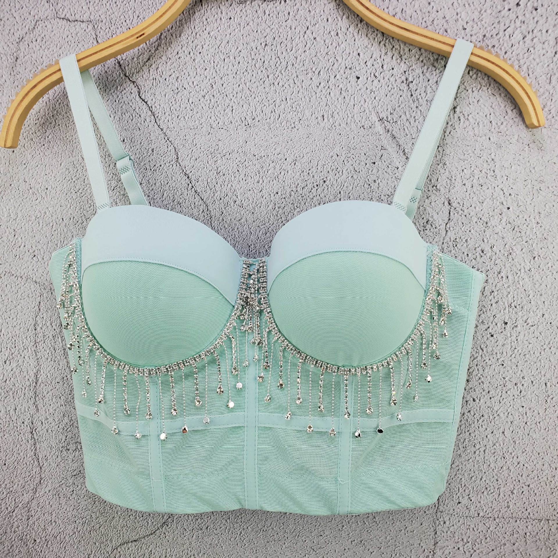 

Мини-топ из сетки с бахромой, украшенный бисером и бриллиантами, милый и сексуальный облегающий топ без бретелек для женщин, майки и топы 40/90 зелёный