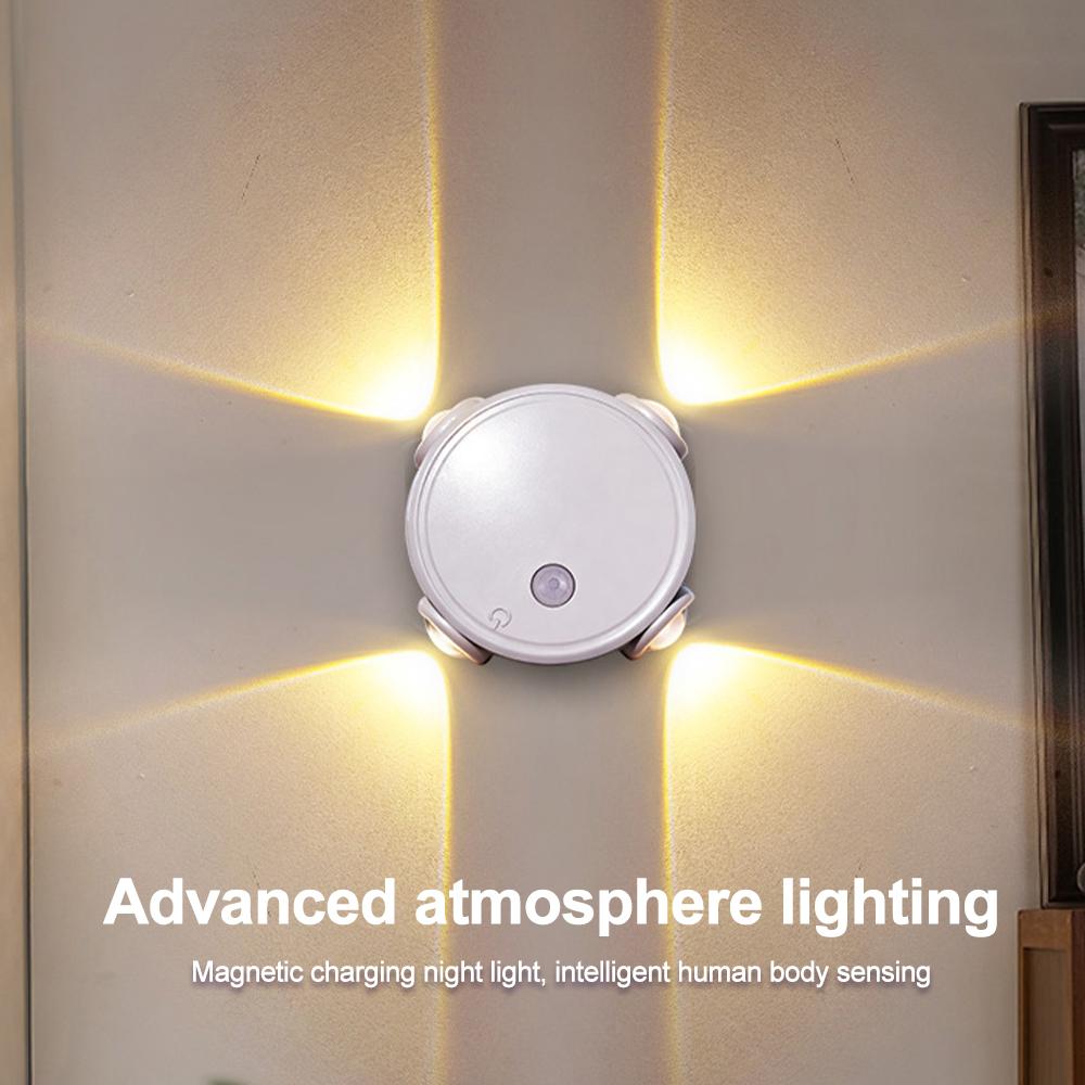 4 LED Magnetic Motion Sensor Smart RGB Gradient Night Light Rechargeable Wall Lamp Bedroom Cabinet Wardrobe Lamp Staircase Lamp