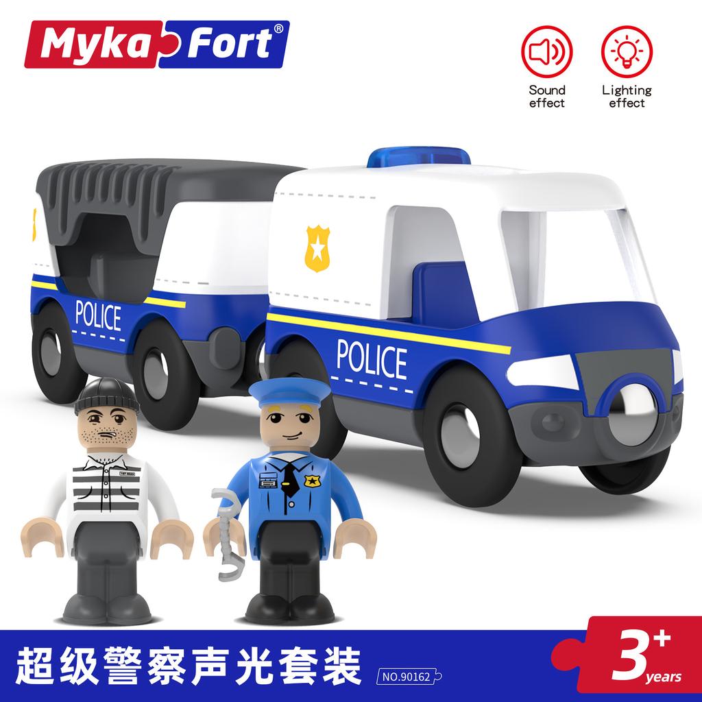 Wooden Track Sound And Light Police Car Simulation With Doll Handcuffs Scene Compatible With Thomas Track Toy