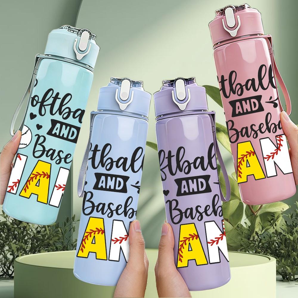 1PC Softball Baseball Nana Text 750ml Color Plastic Sports Water Bottle Leakproof Flip Straw Lid Suitable for Sports Office Home Use