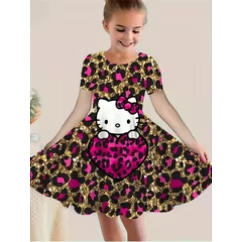 Girls' 3D Rose Flower Print Short Sleeve Dress - Soft Breathable Summer Dress with -Line