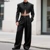 INCERUN Men Striped Outfits Stand Neck Long Sleeve Crop Tops Zip-Up High Waist Long Pants Sets