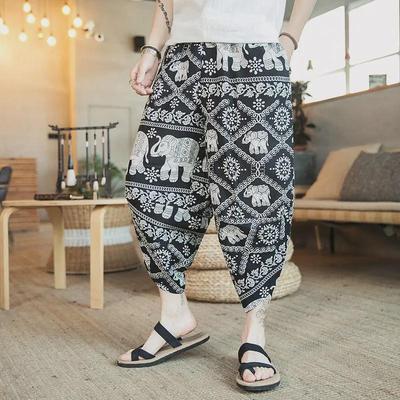 Męskie etniczne tajskie spodnie z bawełny i lnu z szerokimi nogawkami Bloomers – swobodne spodnie z dziewięcioma punktami w kwiaty