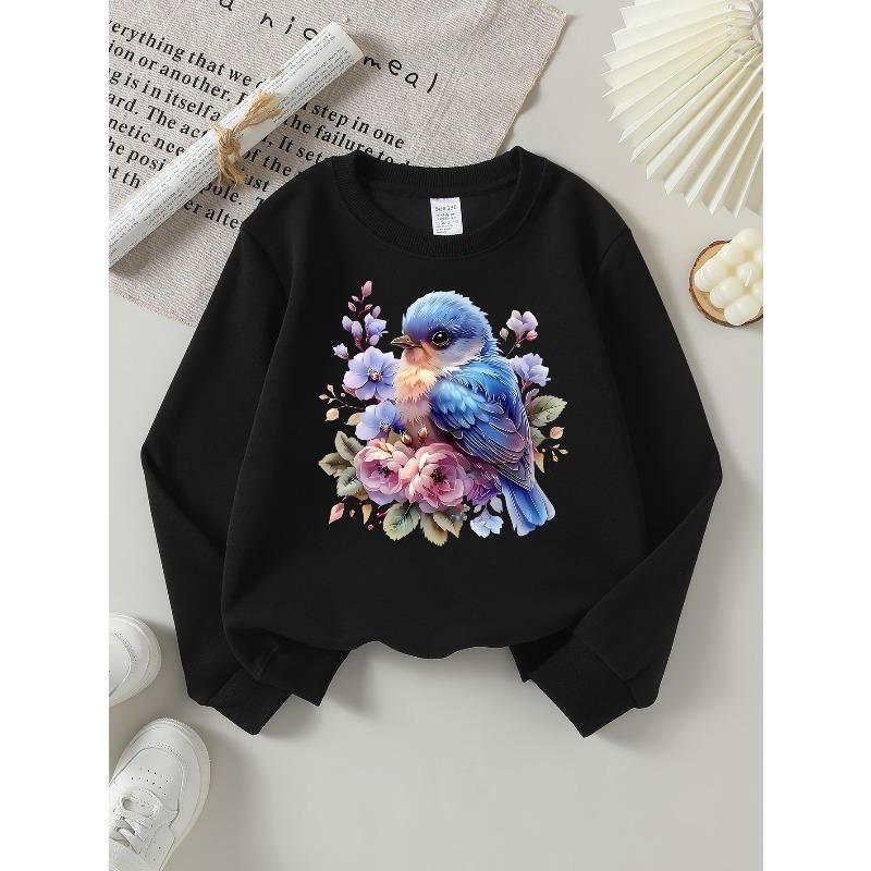 European sizes Blue Bird Floral Design Girls' Crew Neck Fashion Sweatshirt, Western Top, Children's Long Sleeved Casual Tee