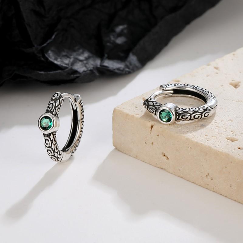 Vintage Thai Silver Green Zircon Hoop Earrings for Women Retro Circle Punk Ear Buckle Party Jewelry Gifts