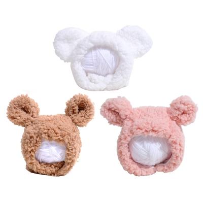 Plush Bear Ear Design Hat for Cat Halloween Mischievous Party Hat Pet Winter Keep Warm Hat with Adjustable Neck Strap
