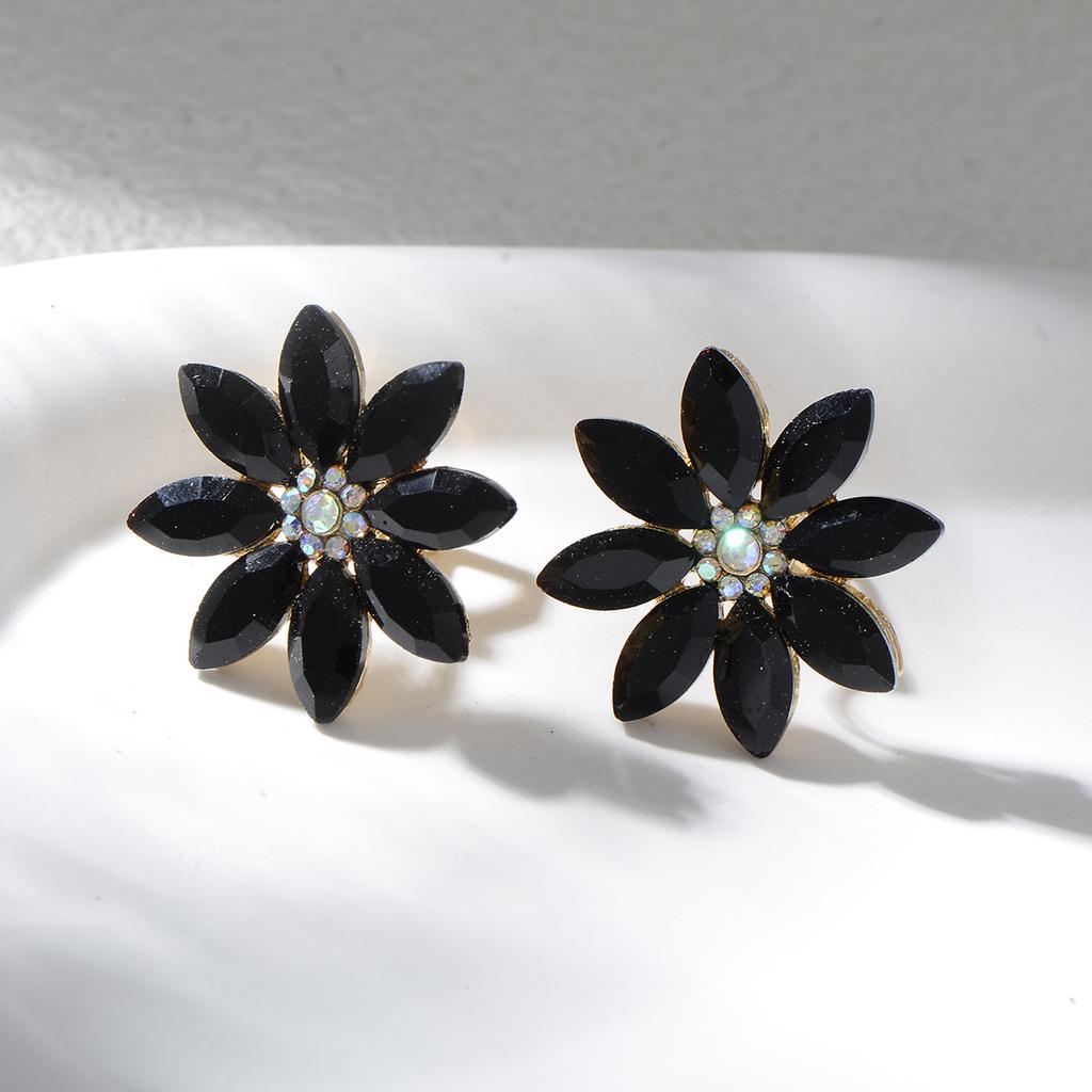 Vintage Light Luxury Colorful Diamond Sunflower Ear Clips High End Crystal Earrings Elegant Evening Party Jewelry