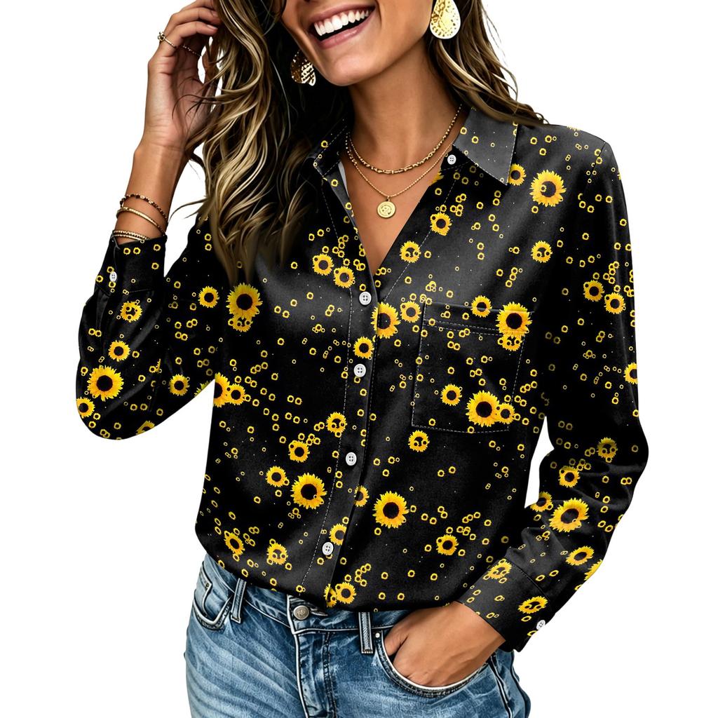 Women's Color Long Sleeve Button Down Blouse with Pocket for Work Casual