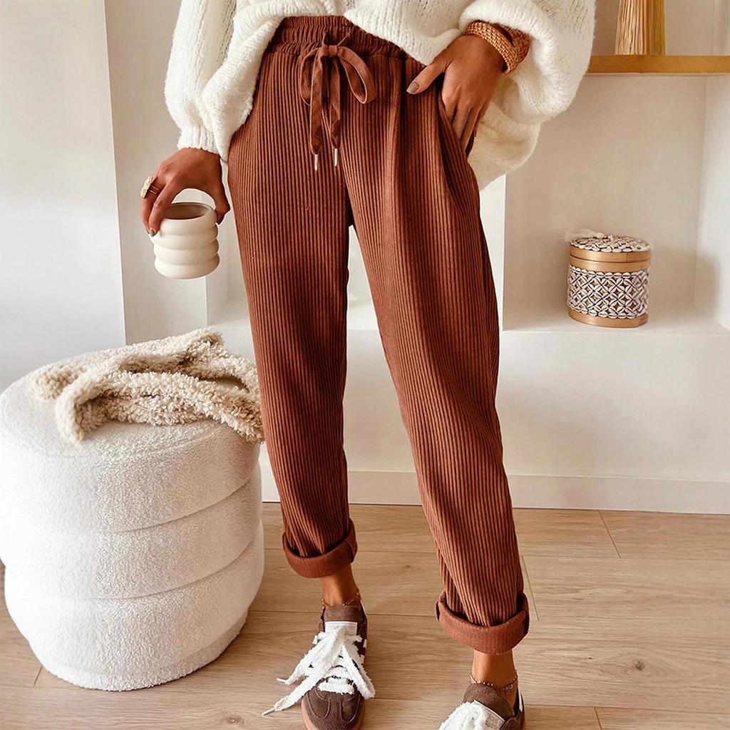 Dámské módní jednobarevné elastické v pase se stahovací šňůrkou s kapsami volné kalhoty s rovnými nohavicemi pro volný čas