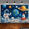 2D Space-themed Graphic Design - Astronaut Background Image - Lunar Surface Astronaut Planets Rockets and Celestial Elements