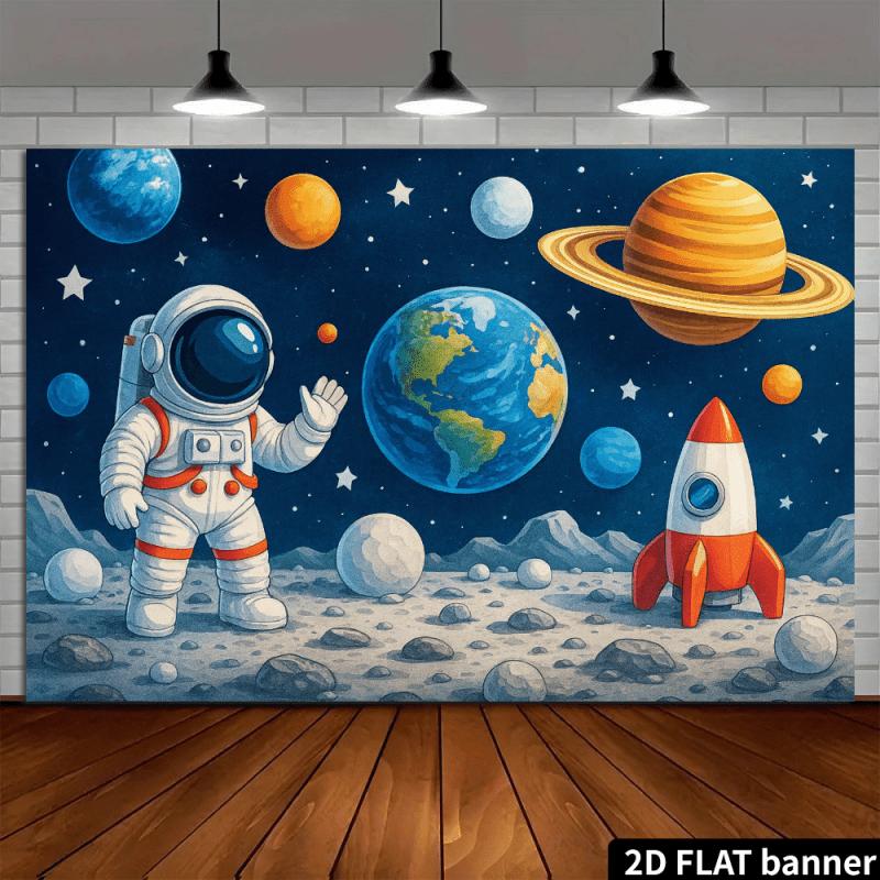 2D Space-themed Graphic Design - Astronaut Background Image - Lunar Surface Astronaut Planets Rockets and Celestial Elements