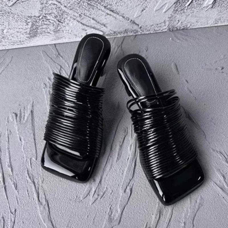 Square Toe Stiletto Sandals for Women Summer Shiny Solid Color High Heels Casual Half Slippers Shoes for Women Designer Sandals