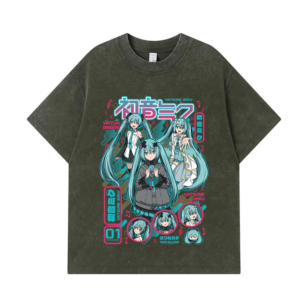 

Стиранные футболки 275 г/м² 100% Хлопок Принт Vocaloid V1 Hatsune Miku Унисекс Тяжелая хлопковая футболка S армия зеленый