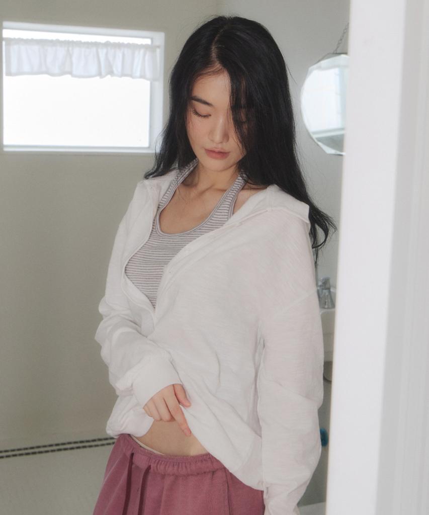 Seuteulaipeumagalin Summer Sleeve Open Button Loose Collar T-Shirt Ivory