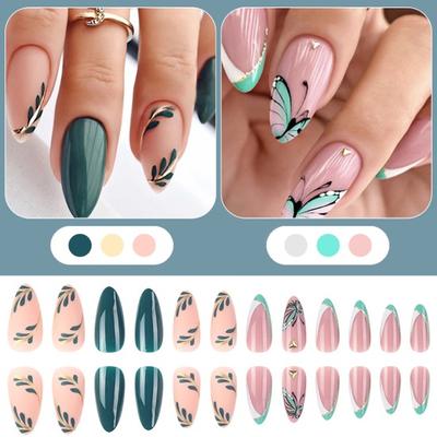 1 Set Wearable False Nails DIY Nail Art Kit with Glue & Nail File Press-on Nails Waterproof Gel Fake Nails Full Cover French Tips Artificial