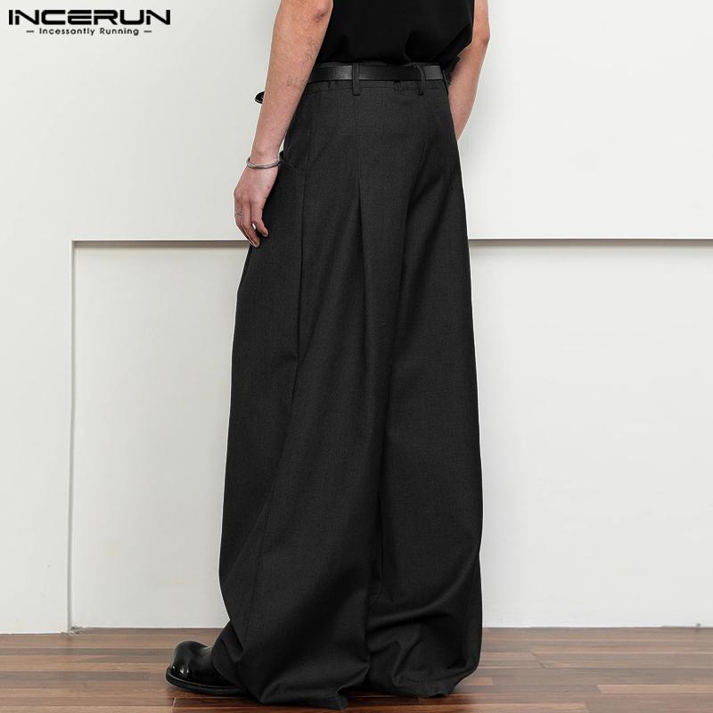 INCERUN Men Zip-up Waist Pockets Casual Loose Long Wide Legs Pants Trousers