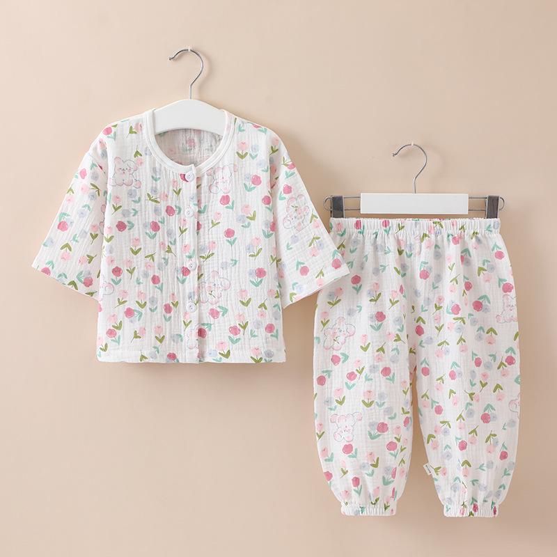 Kids Summer Cotton Gauze Pajama Set - Long Sleeve Homewear for Boys and Girls 110cm