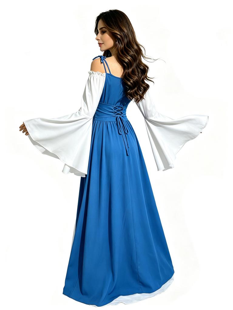 Damen Mittelalter Renaissance Kleid Schulterfrei Glockenärmel Schnürkorsett Vintage Halloween Cosplay Langes Maxikleid
