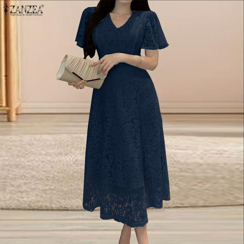 ZANZEA Women Elegant Lace Patchwork Casual V-Neck Short Sleeve Dress