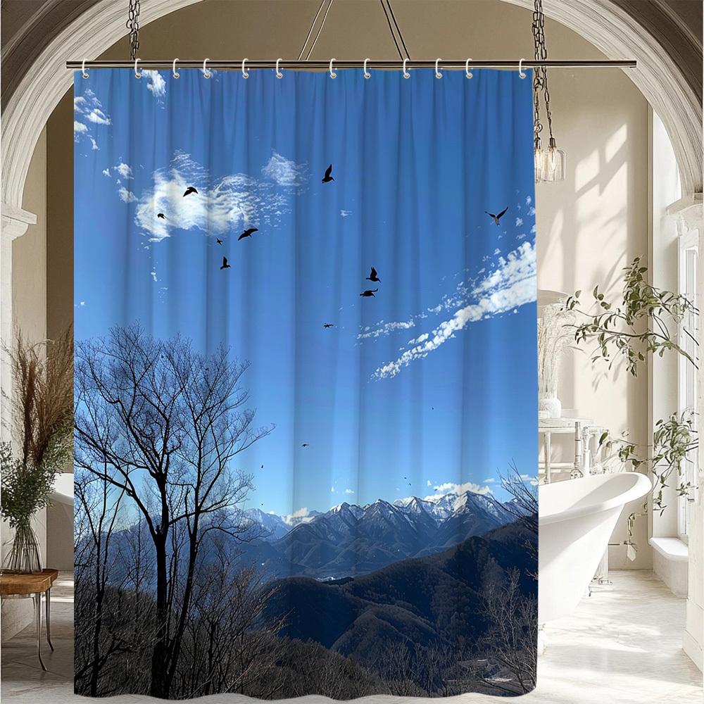 1pc Trees And Birds Blue Sky Scenery Shower Curtain Natural Landscape Pattern Bathroom Decoration Polyester Fabric Contains