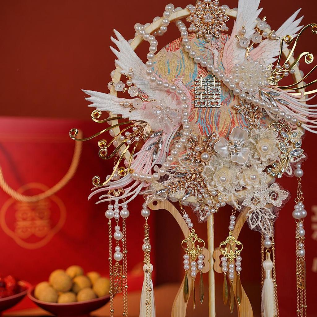 Phoenix Embroidery Bridal Fan DIY Kit: Double-Sided Chinese Style with Fireworks Pattern
