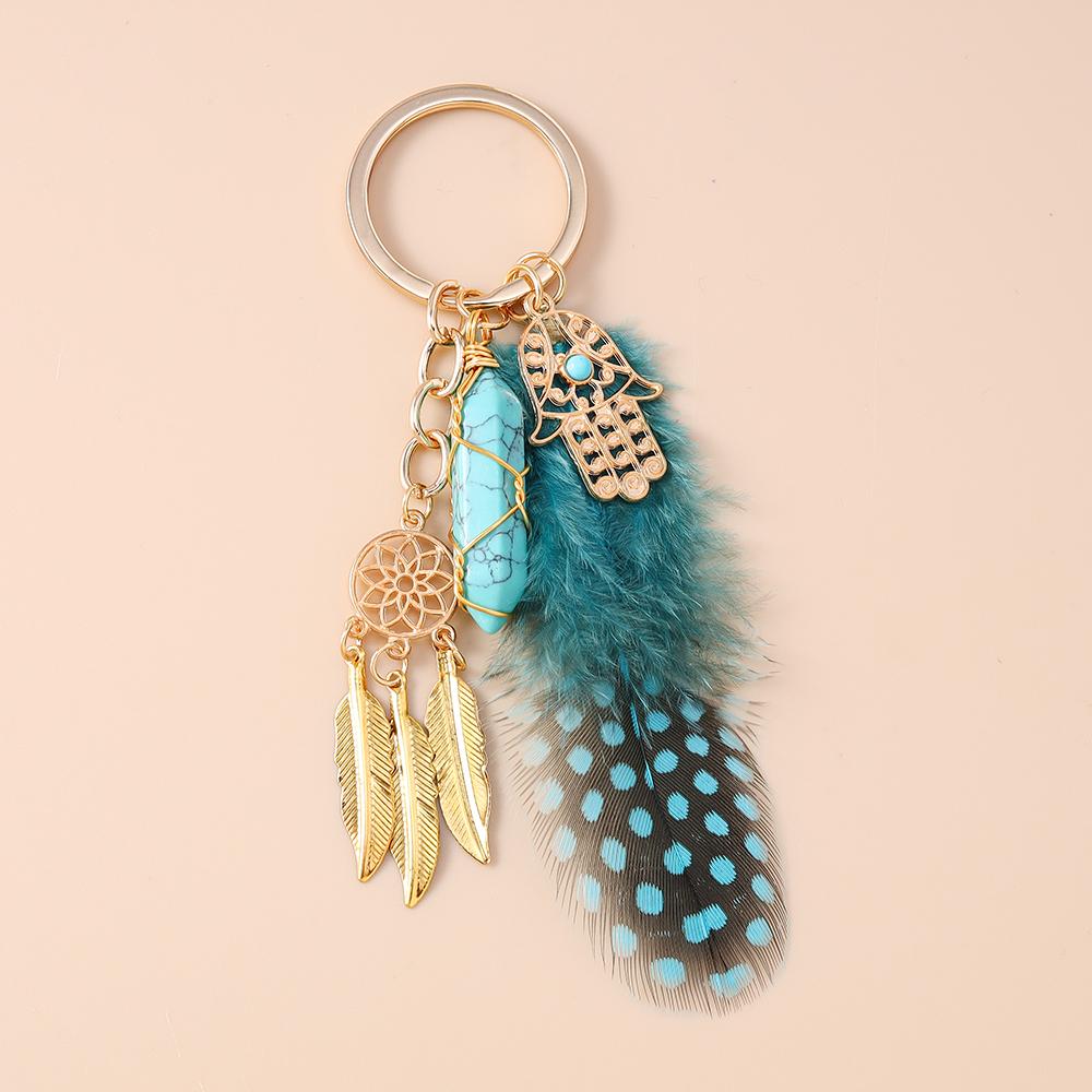 Bohemia Tassels Feather Keychain Women Girl Turquoise Key Ring Pendants for Handbag Decor DIY Handmade Key Chain Jewelry Gifts
