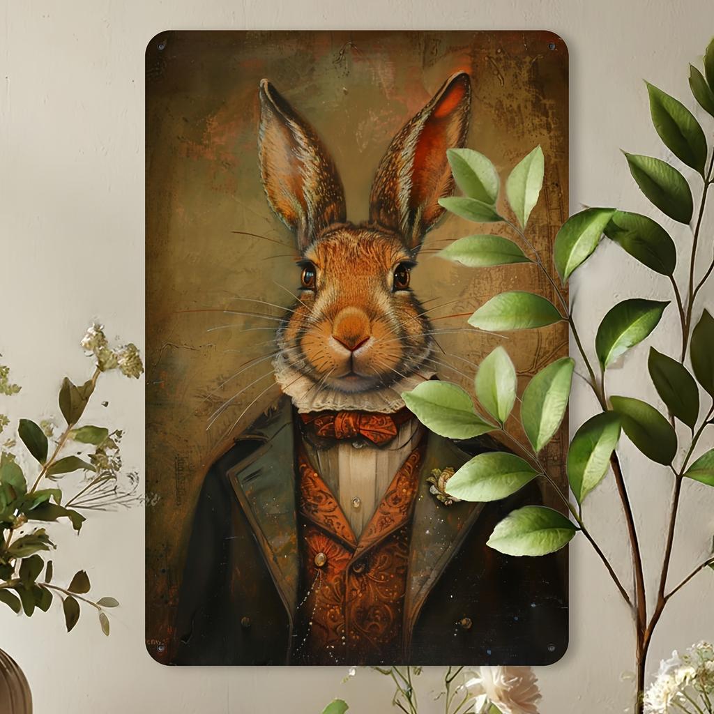 Elegant Gentleman Rabbit Vintage Metal Tin Sign: A Whimsical Wall Art Decoration for Dining Room, Home, Forest, or Garden Walls