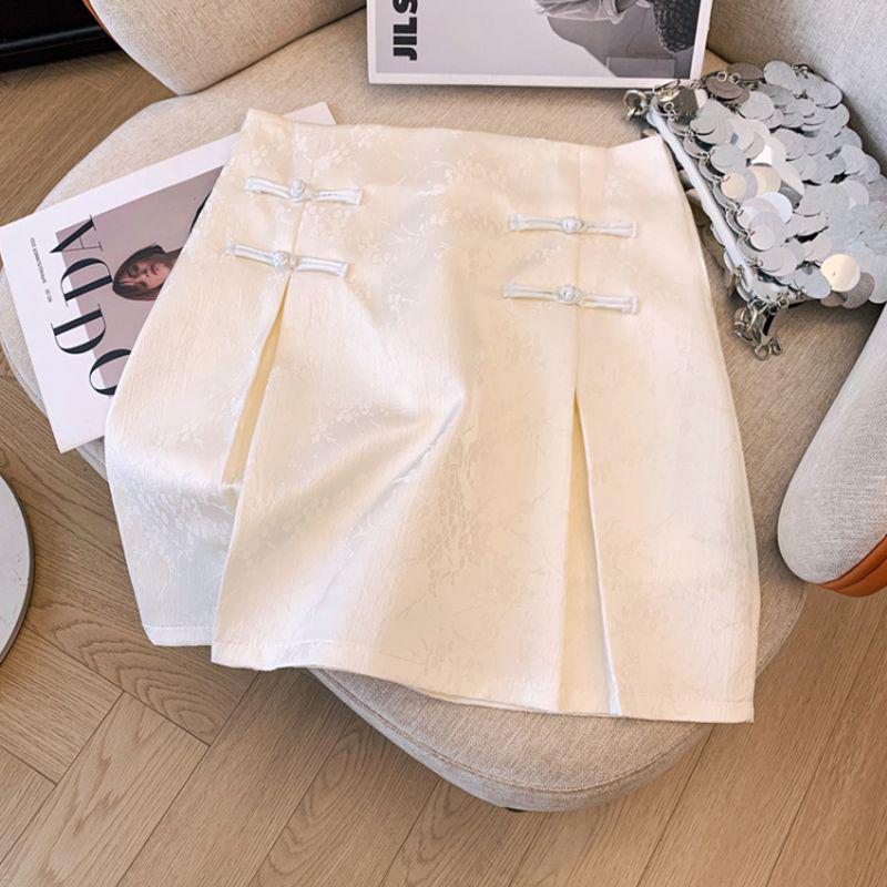 2023 Spring/Summer Black Chinese Style A-line Slimming High Waist Midi Skirt for Women