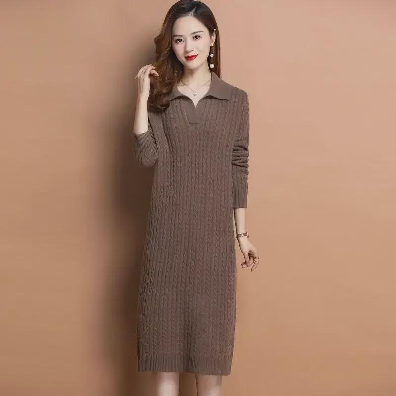 2024 Autumn-Winter Women's Korean Style Knitted Lapel Sweater Dress - Over the Knee, Medium-Length, Loose Fit