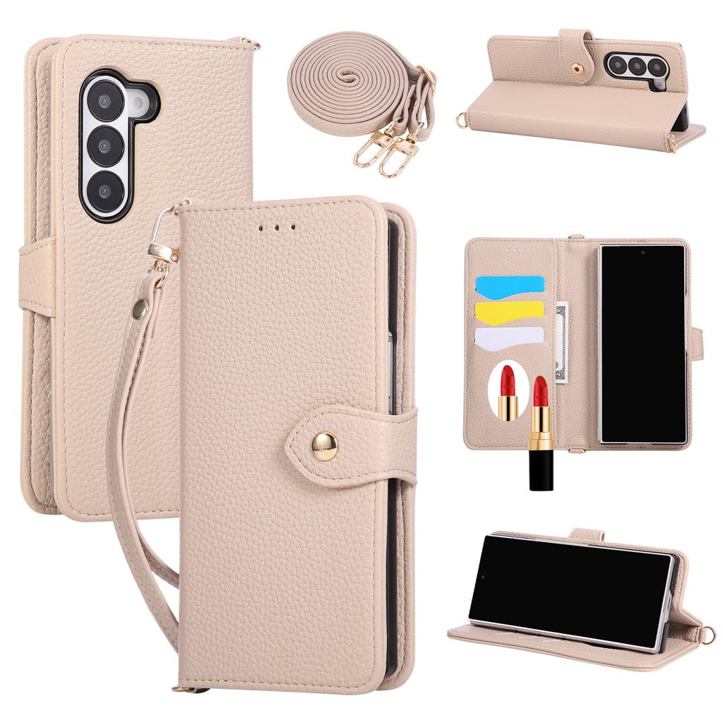 Crossbody Flip Leather Wallet Case with Mirror Card Holder Lanyard Strap Cover for Samsung Galaxy Z Fold 7 6 5 Fold7 Fold6 5G