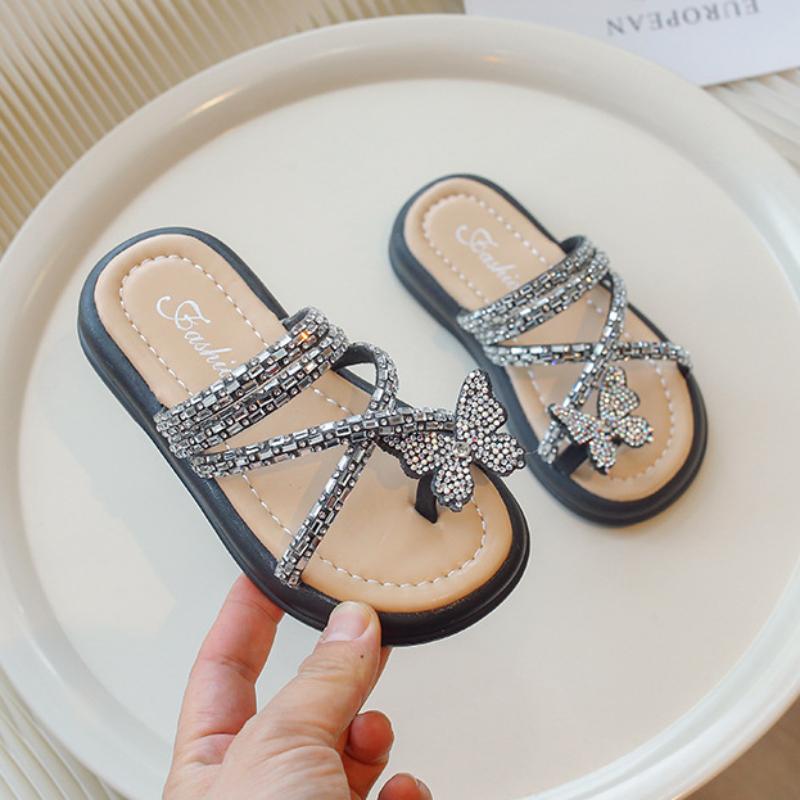 New Summer Children's Slippers Luxury Rhinestone Strap Girls Princess Causal Beach Slippers Fashion Butterfly Kids Flip Flops