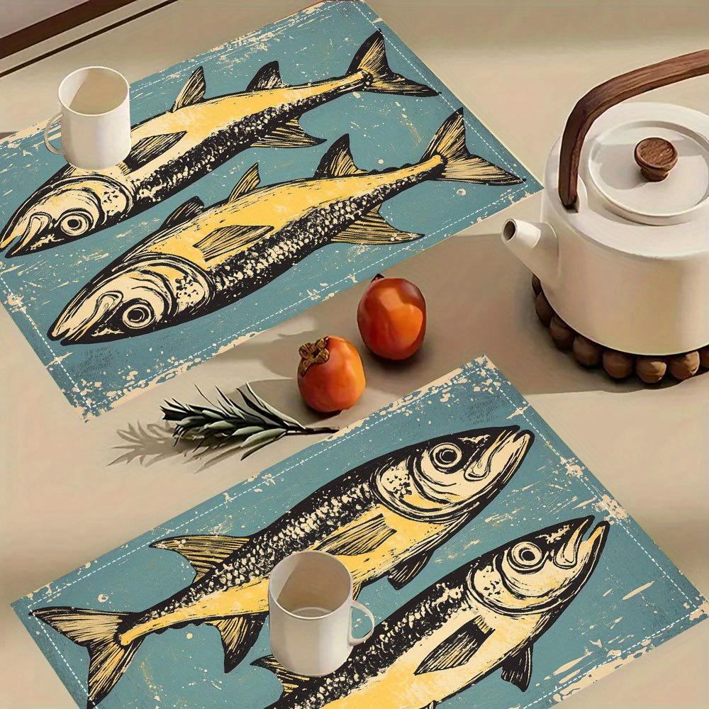 Set di 4 tovagliette danesi con incisioni su legno a forma di pesce, design vintage con sardine, 30x45 cm, eleganti tovagliette stampate per sala da pranzo, cucina e arredamento per la casa.