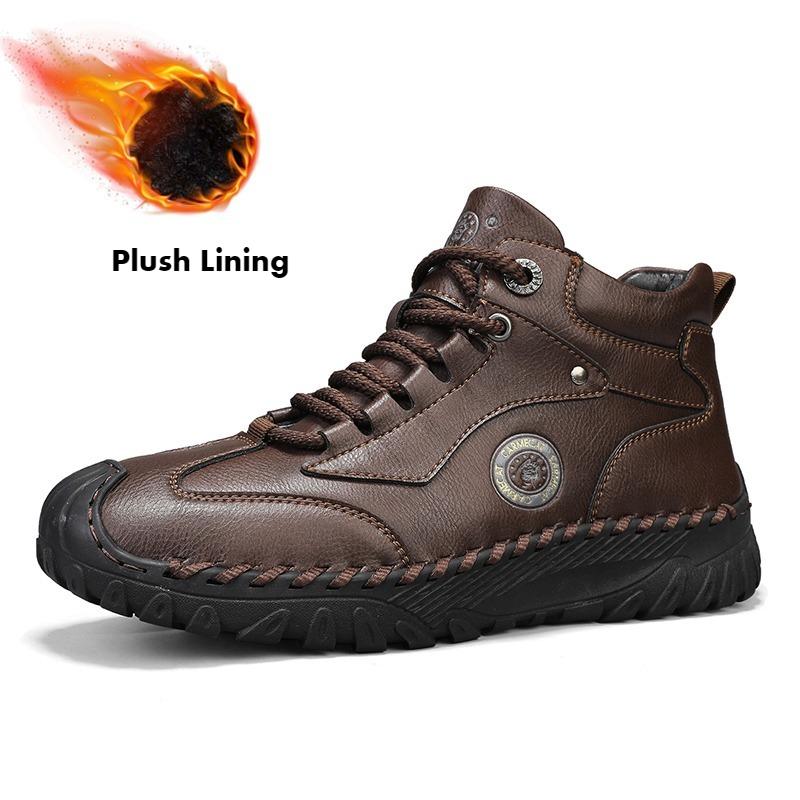 Men's High-top Leather Boots Casual Sneakers Winter Plush Shoes Snow Boots