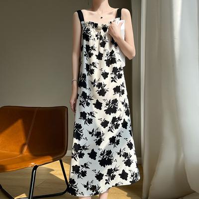 Retro Chinese Style Ink Printing Suspender Dress for Women's Summer New Silky Satin One-length Neck Versatile Midi Skirt