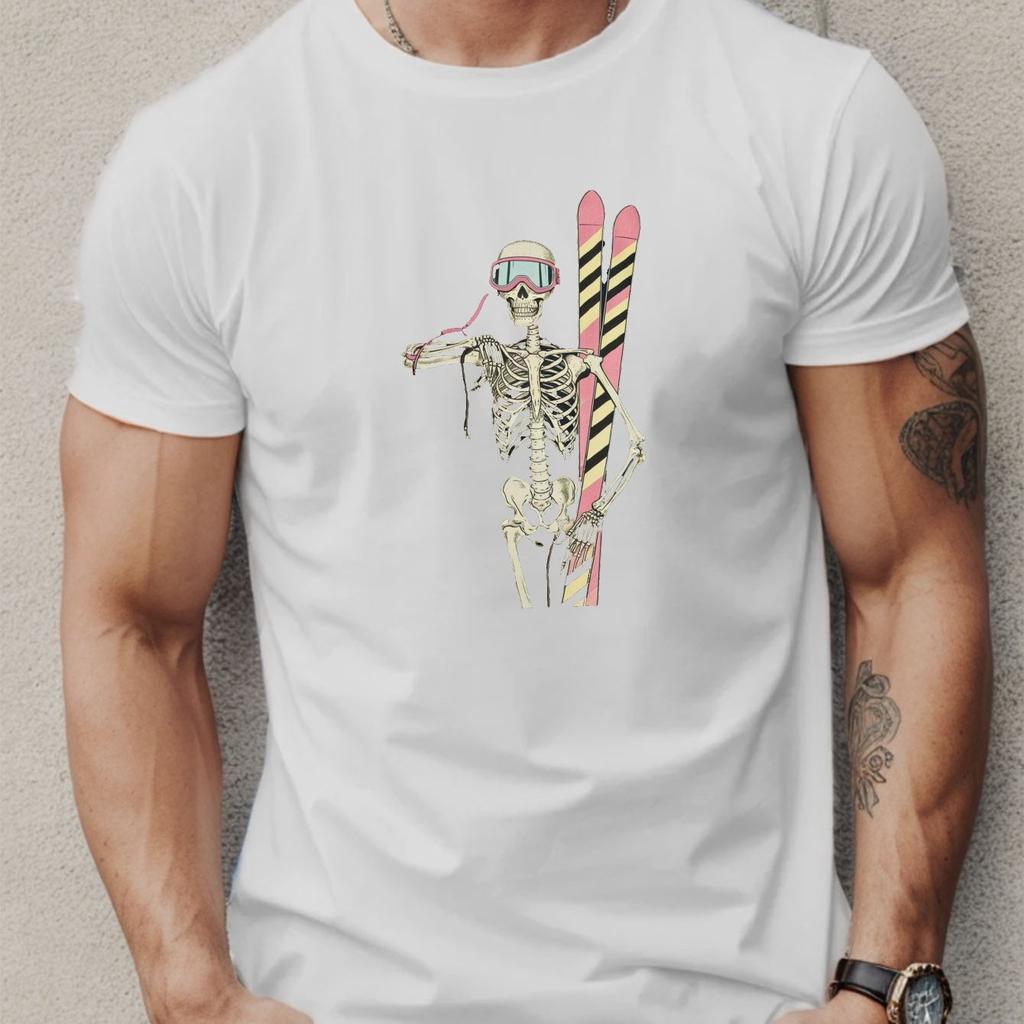 Retro Skeleton Skier Graphic Tee Mens Breathable Cotton Casual TShirt