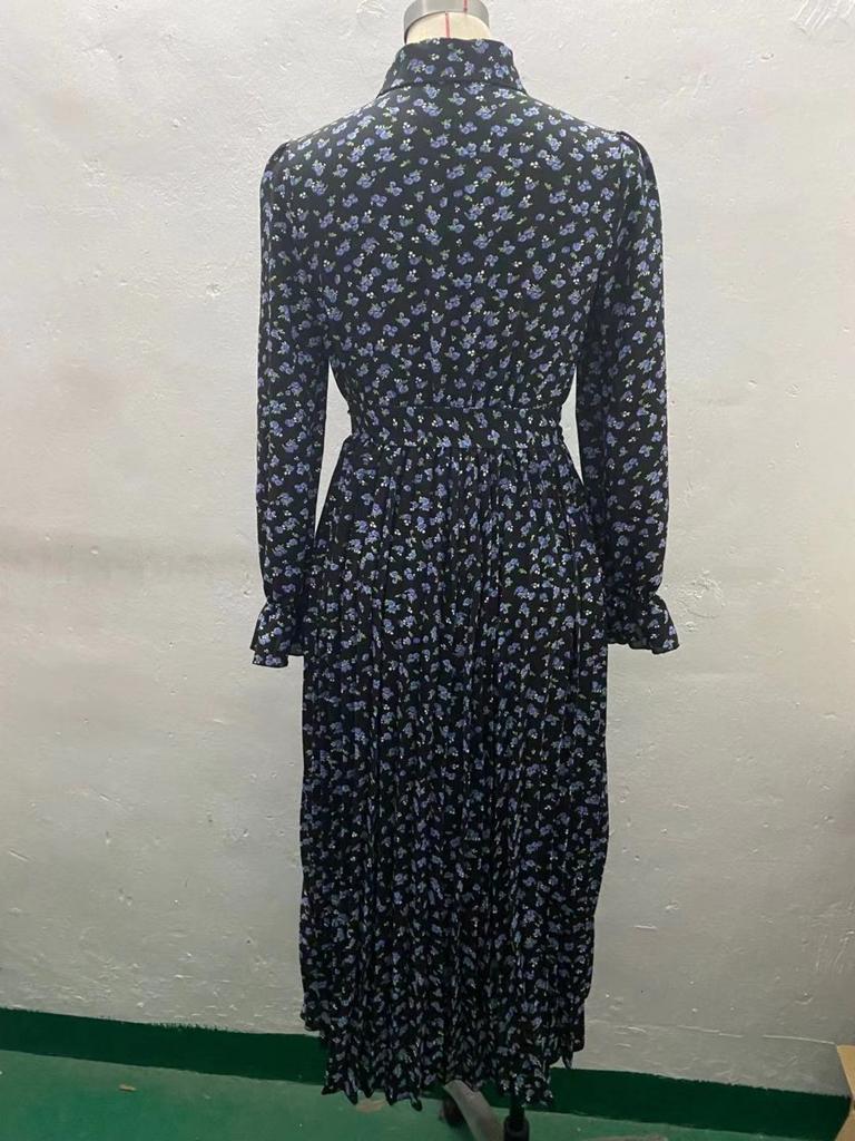 Turndown Collar Printed Pleated Dress Straps Dazzling Length Dress Elegant Long Sleeve Dresses Causal Women Dress