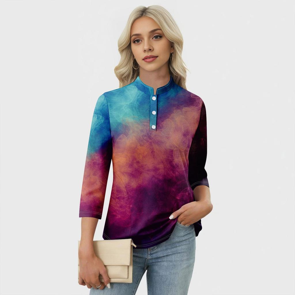 Damen Casual Blumenmuster V-Ausschnitt 3/4 Ärmel Dekorative Knöpfe T-Shirt Top