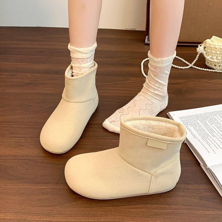 2025 autumn and winter new fashion snow boots thickened warm cotton shoes mustard green cute bread shoes flat short boots