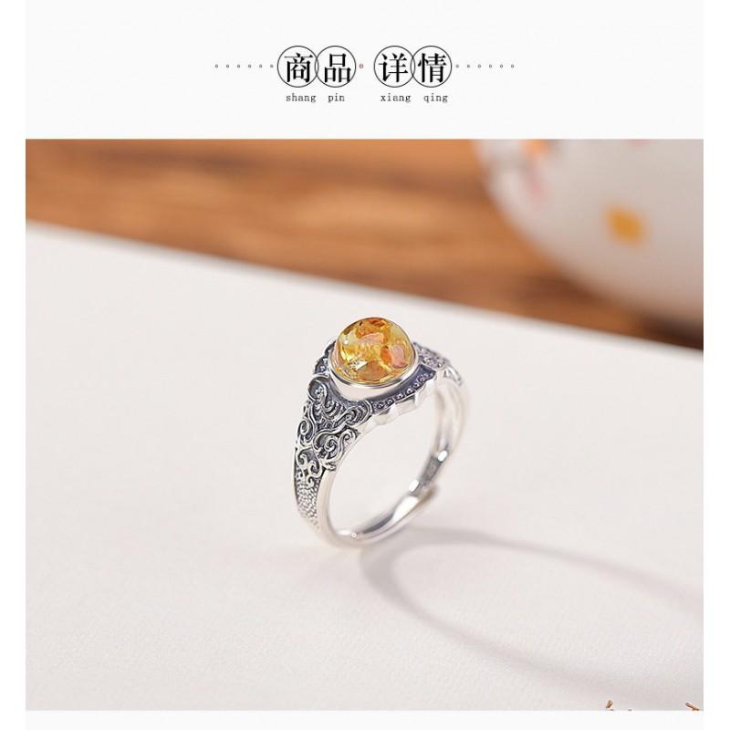 Adjustable Open Ring With Floral Amber Scroll Vintage Oxidized Copper Band Unisex Elegant Statement Jewelry