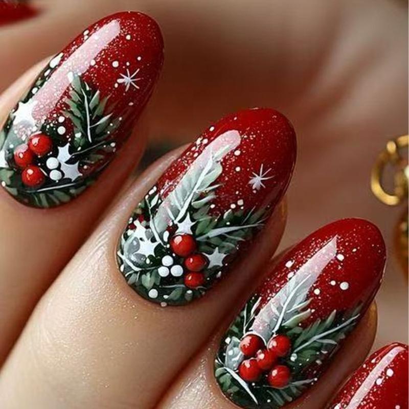 Sparkling Red Christmas False Nail 24PCS Short Oval Press On Nail With Flashy Red Berries 3D Design Easy Application 1