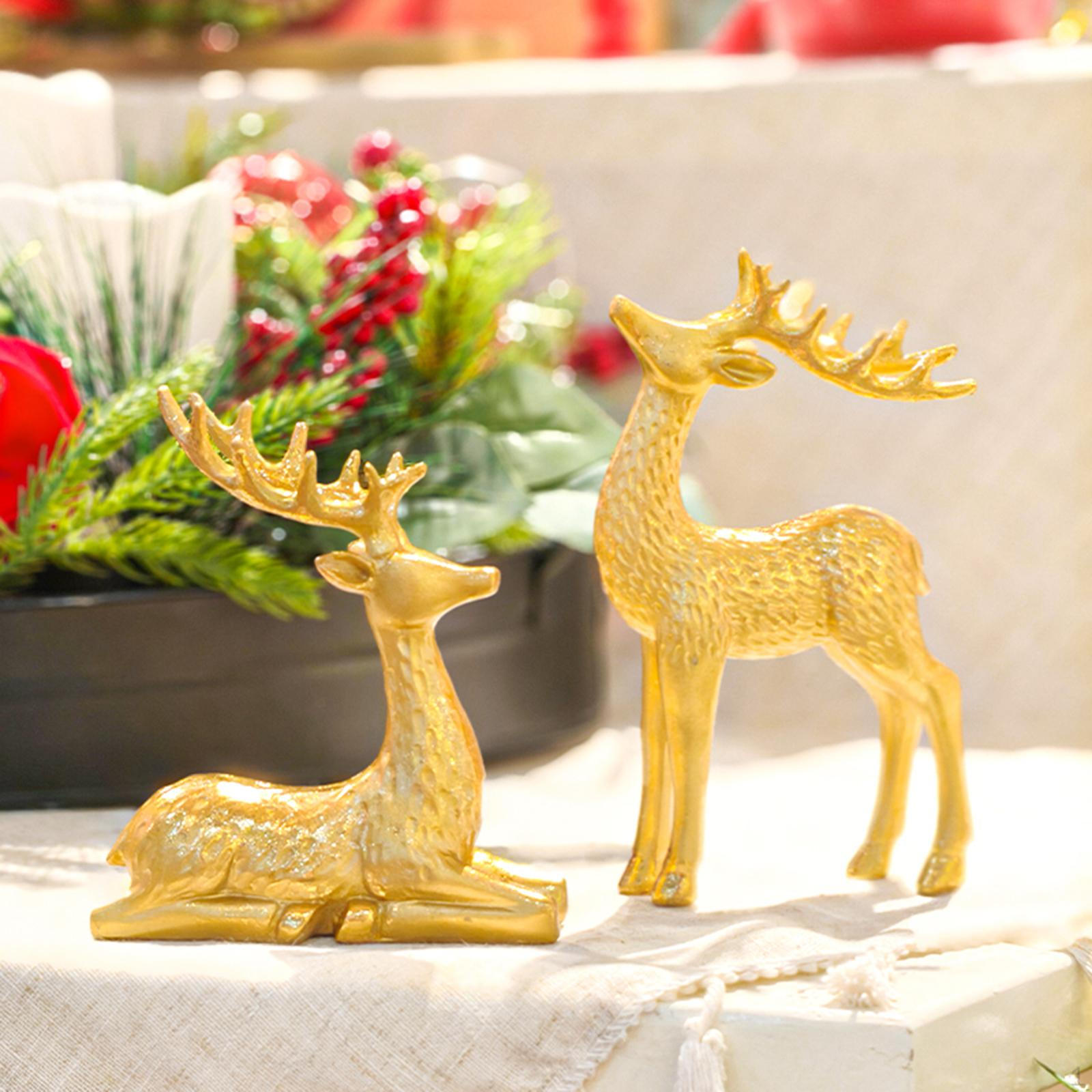 

2 Pieces Deer Figurines Desktop Decor Collectible Artwork Ornament Elk Sculpture Resin Statues for золотой