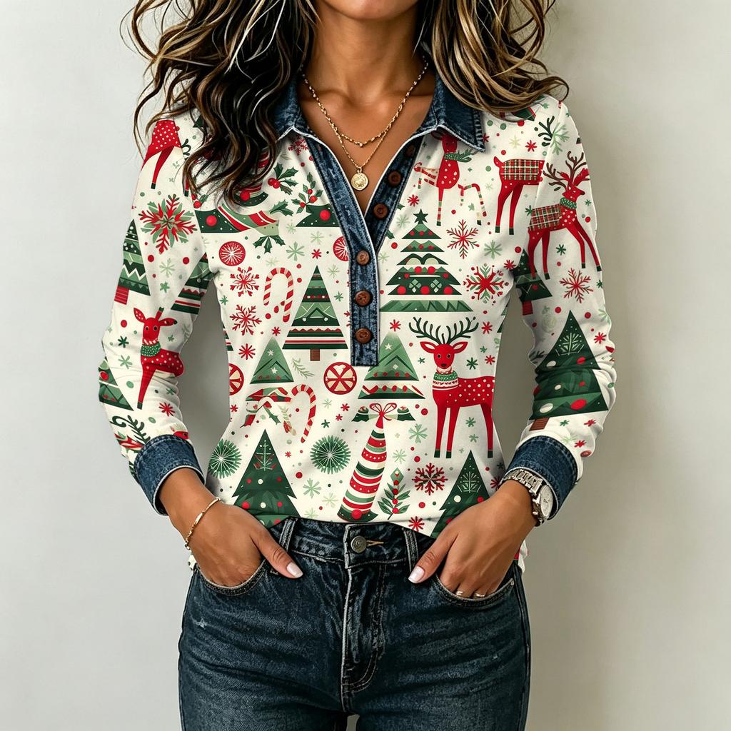 Women's Casual Long Sleeve Top Loose Fit Stylish Color Block Patchwork Shirt Comfortable Everyday Blouse