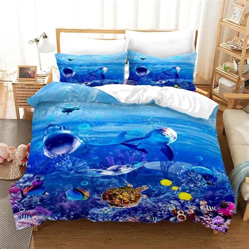 Kids Cartoon Ocean Fish Duvet Cover Microfiber Marine Theme Bedding Set Sea Underwater World Quilt Cover Queen For Boys Girls